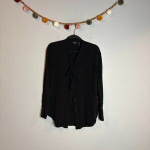 Theory black silk tie collar button down blouse